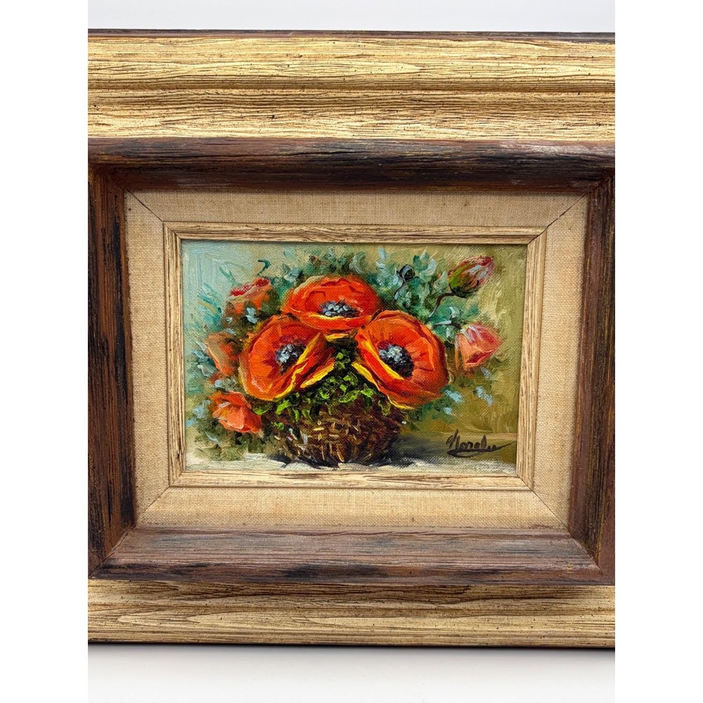 Original Oil Painting Basket O' Poppies Framed Still Life Floral Signed Nora Lee - Picture 7 of 13